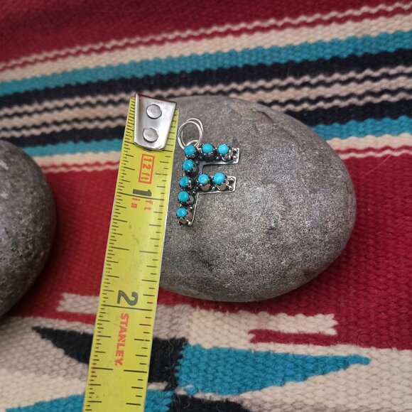 Southwest Letter Initial F Pendant Sterling Silver Snake Eye Turquoise 1 1/8" - Picture 3 of 4